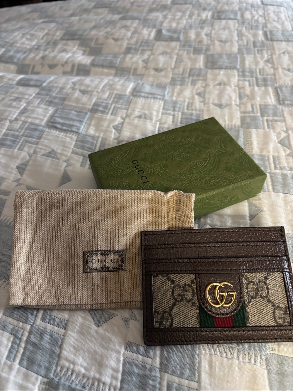 Gucci Brown GG Supreme Canvas Card Case with Green-Red Web and Gold Double G